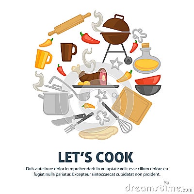 Cooking point poster with kitchenware and grill. Cutlery set Vector Illustration