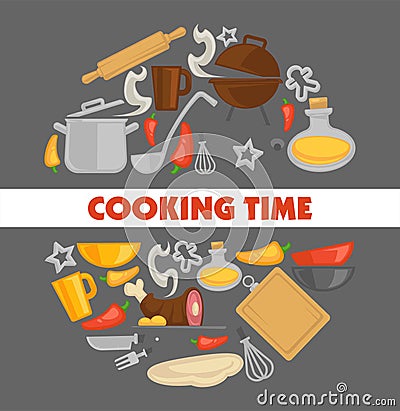 Cooking point poster with kitchenware and grill. Cutlery set Vector Illustration