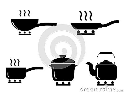 Cooking Pot Pan Kettle Set. Various icons depicting cooking utensil pot pan kettle over stove fire. Expanded black and white EPS Vector Illustration