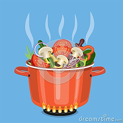 Cooking pot on stove with vegetables, Vector Illustration
