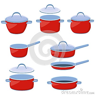 Cooking pots, saucepans and frying pans. Set of kitchen utensils for boiling and frying, vector illustration Vector Illustration