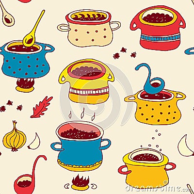 Cooking pots vector seamless pattern in doodle style Vector Illustration