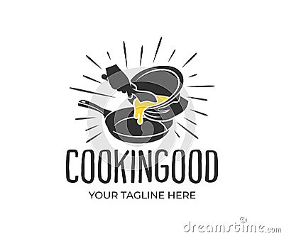 Cooking, pouring ingredients into fry pan, vintage and retro style, logo design. Cookery, gastronomy, kitchen, restaurant, snack b Vector Illustration