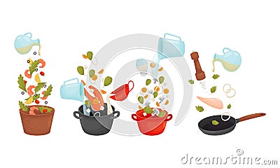 Cooking Process with Dressing Salad and Making Soup Vector Set Vector Illustration