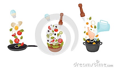 Cooking Process with Making Omelette and Soup Vector Set Vector Illustration