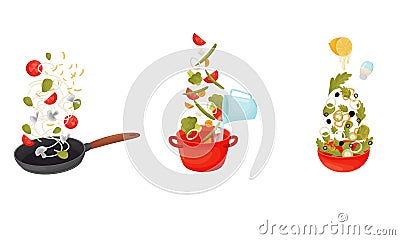 Cooking Process with Making Pasta and Soup Vector Set Vector Illustration