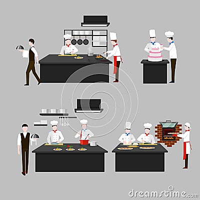 Cooking process in restaurant kitchen Vector Illustration