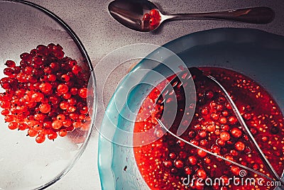 cooking process of rubbed red currant with sugar with fresh berries Stock Photo