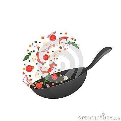 Cooking process vector illustration. Flipping Asian food in a pan. Cartoon style Vector Illustration