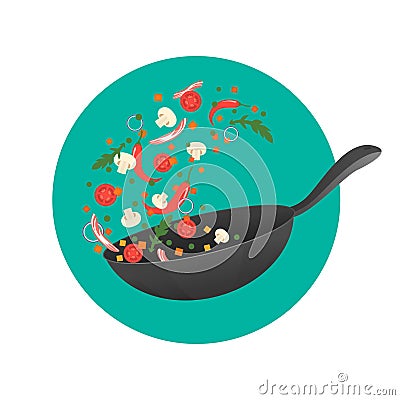 Cooking process vector illustration. Flipping Asian food in a pan. Cartoon style Vector Illustration