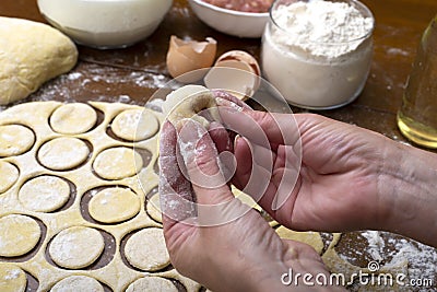 Cooking ravioli from dough and meat. Homemade dumplings. Cooking and home concept Stock Photo