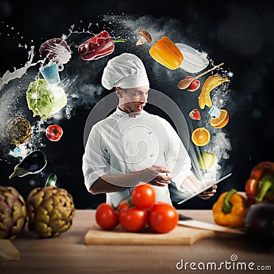 Cooking recipe from tablet Stock Photo