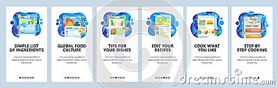 Cooking recipes online, step by step cook guide, world food cuisine, recipe book. Mobile app onboarding screens. Menu Vector Illustration