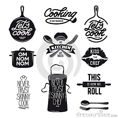 Cooking related typography set. Quotes about kitchen. Vintage vector illustration. Vector Illustration
