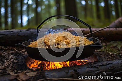 cooking rice in a cast iron pan over a campfire, surrounded by forest Stock Photo