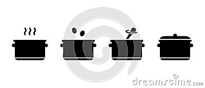 Cooking rice, millet, buckwheat, oatmeal on stove. Porridge or cereal basic silhouette instruction. Outline icon of saucepan with Vector Illustration
