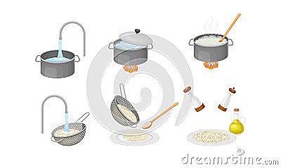 Cooking Rice Process with Head Rice Washing and Poaching on Burner Vector Set Vector Illustration