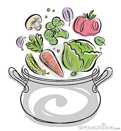 Cooking saucepan or kitchen pot. Kitchenware with and vegetables flying. Vector illustration Vector Illustration