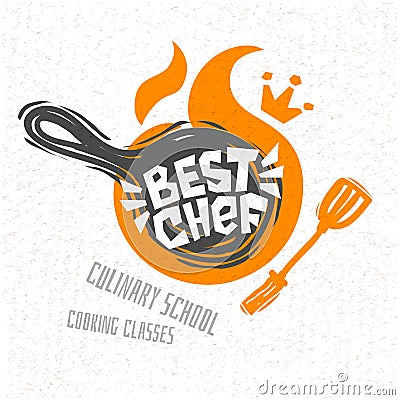 Cooking school, culinary classes, studio, logo, utensils, apron, fork, knife, master chef. Vector Illustration