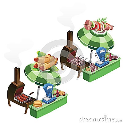 Cooking and selling barbecue, sausage outdoors Vector Illustration