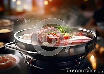 Cooking shabu shabu traditional japanese meal.Macro.AI Generative Stock Photo