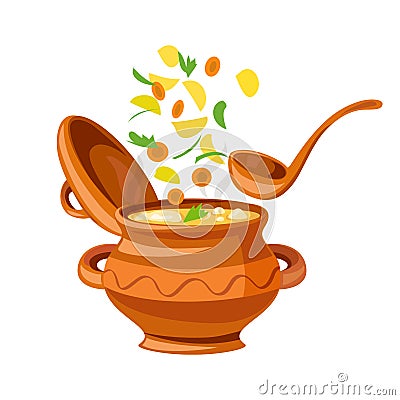 Cooking soup in the beautiful pottery Vector Illustration