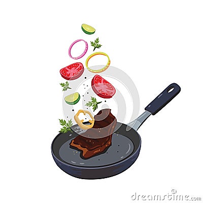 Cooking steak on frying pan. Vector illustration decorative design Vector Illustration