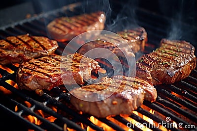 Cooking steaks on grill with herbs Stock Photo