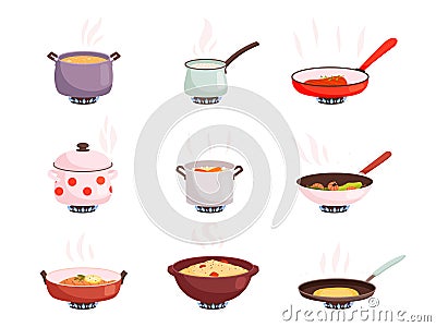 Cooking stove. Boiling processes kitchen utensils for well food on pan nowaday vector product preparing flat Vector Illustration