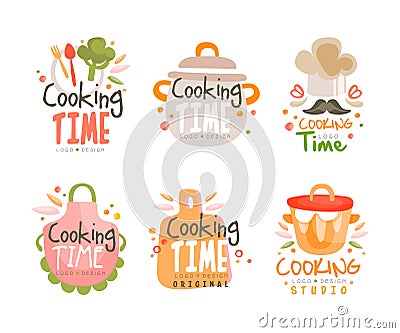 Cooking Studio Logo Design with Different Kitchen Utensils Vector Set Vector Illustration