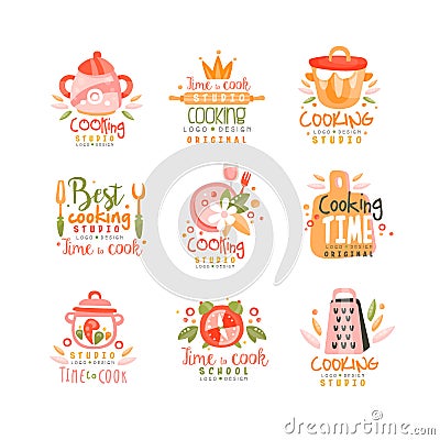 Cooking studio logo design set, emblem can be used for culinary class, course, school hand drawn vector Illustration on Vector Illustration