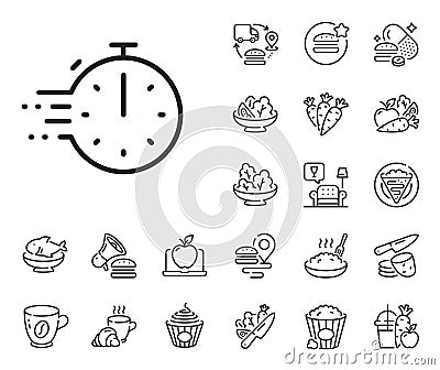 Cooking timer line icon. Frying stopwatch sign. Food preparation. Crepe, sweet popcorn and salad. Vector Stock Photo
