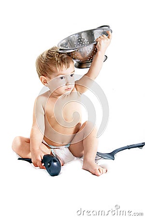 Cooking toddler over white Stock Photo