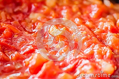 Cooking tomato sauce, closeup steamed vegetables for cook book or food blog background Stock Photo