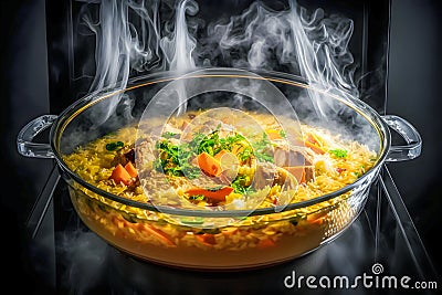 Pilaf with pieces of meat and spices in a glass cauldron with steam in oven Stock Photo