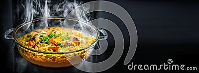 Food banner with pilaf with pieces of meat and spices in a glass cauldron with steam in oven Stock Photo