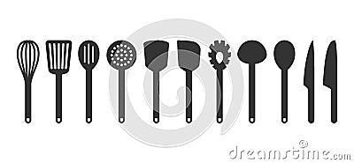 Cooking utensil set of tools. Kitchen tools black isolated vector icons. Vector Illustration