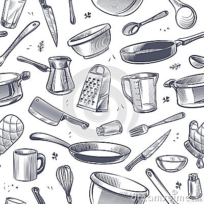 Cooking utensils seamless pattern. Sketch kitchen tool, kitchenware. Pan, knife and fork, grater chef utensils vector Vector Illustration