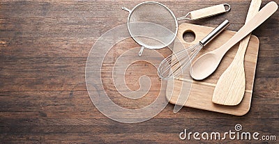 Cooking Utensils Wood Background Stock Photo