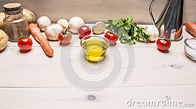 Cooking vegetarian food, fresh mushrooms, carrots and parsley oil potatoes border ,place for text wooden rustic background top Stock Photo