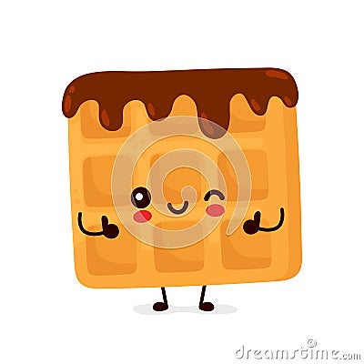 Cute happy funny belgian waffle with chocolate Vector Illustration