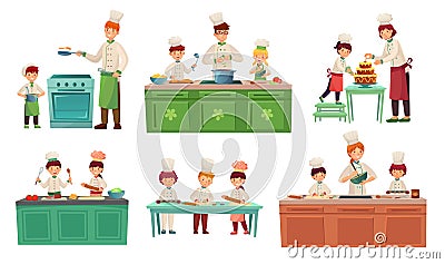 Cooks childrens. Kids baking or cooking food, chief children classes and cook with child vector illustration set Cartoon Illustration