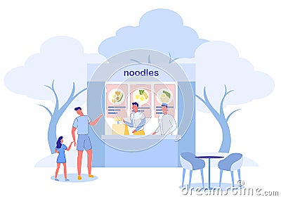 Cooks in Noodles Fast Food Cafe and Customers Cartoon Illustration