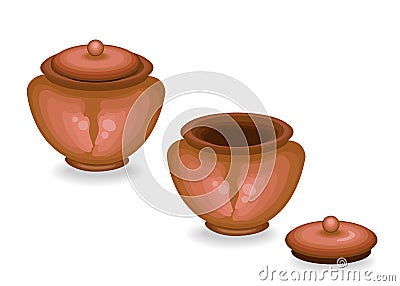 Cookware. Clay pot covered with a lid and with an open lid. Need for an au pair in the kitchen for cooking. Vector illustration Cartoon Illustration