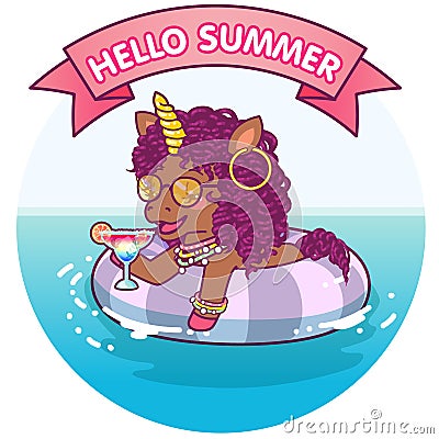 Cool afro unicorn floating on a life buoy drinking a cocktail and relaxing Vector Illustration