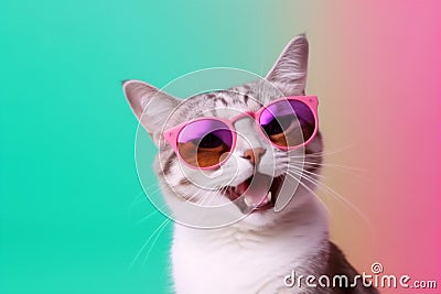 colourful cute pet animal sunglasses cat portrait funny neon fashion. Generative AI. Stock Photo