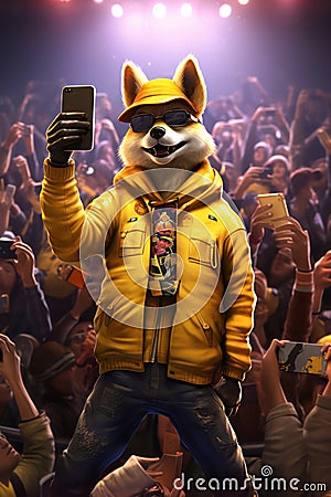 Cool anthropomorphic fox celebrity with a smartphone takes a selfie in front of a crowd of fans. Fox character in Stock Photo