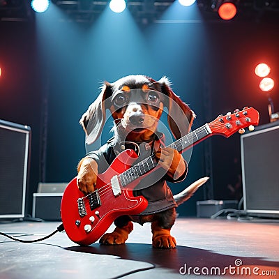 A cool antropomorphic dachshund playing a red guitar. AI generated Stock Photo