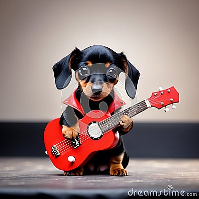 A cool antropomorphic dachshund playing a red guitar. AI generated Stock Photo