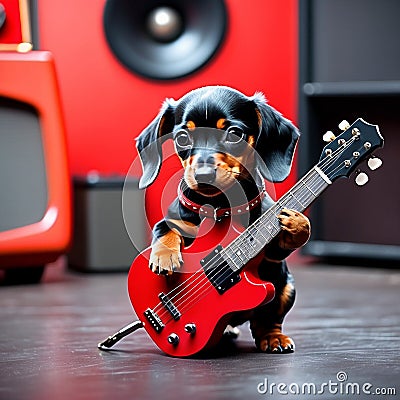A cool antropomorphic dachshund playing a red guitar. AI generated Stock Photo